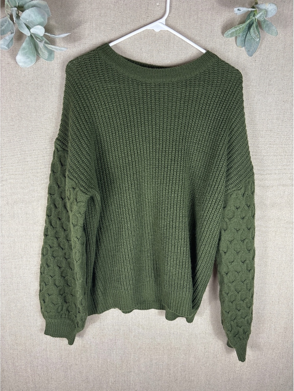 Cupshe > Dark Green Knitted Chunky Sleeve Crew Neck Sweater Large
